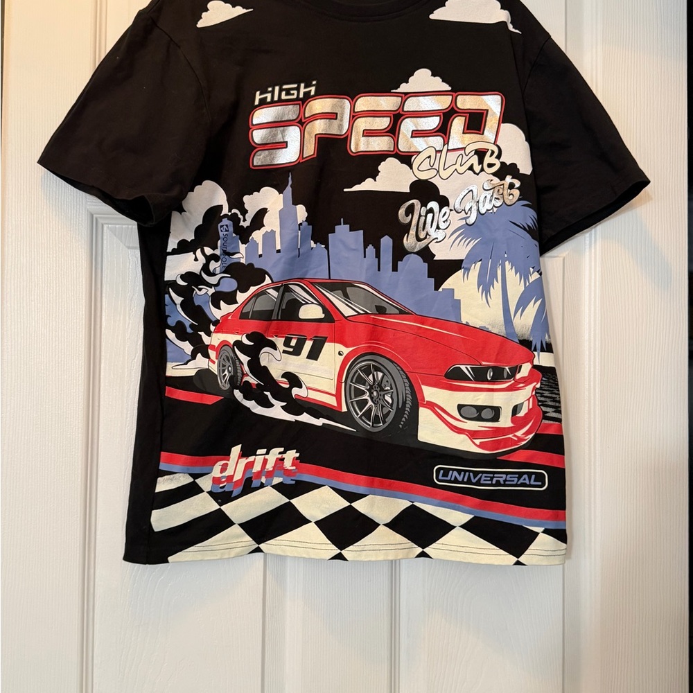 South Pole Black Tee with Red and Blue Racing Car Graphic